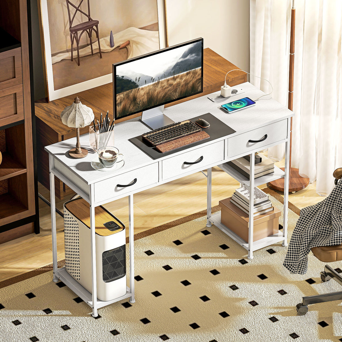 Schreibtisch Küchentisch mit 2 USB-Ladeanschlüssen 2 Steckdosen verstellbare Regale 3 Stoffschubladen 120x40x76 cm Weiß