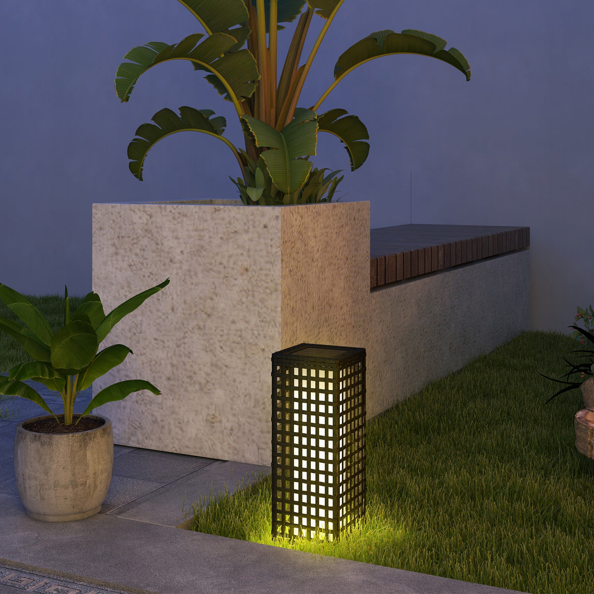 Außenleuchte mit Solarmodul, Einschaltautomatik, 8 h Betriebszeit, Rattanoptik, Stahl, 15,5 x 15,5 x 46 cm, Schwarz