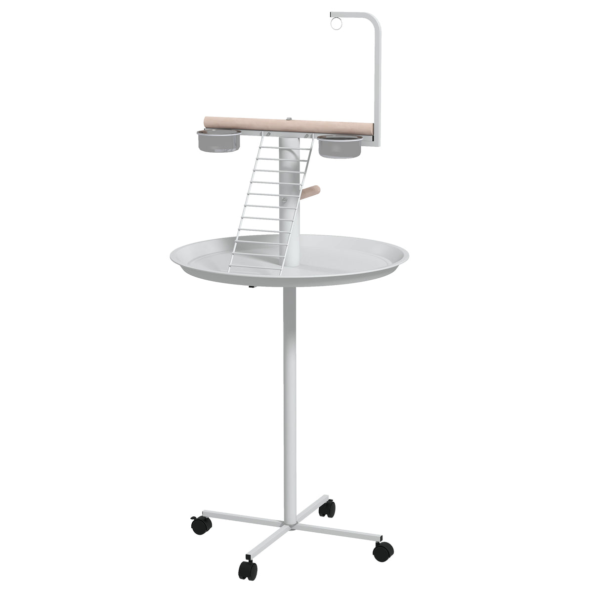 Bird Stand with Four Wheels, Perches, Stainless Steel Feed Bowls, Round Tray, for Garden, Indoor, Outdoor - White