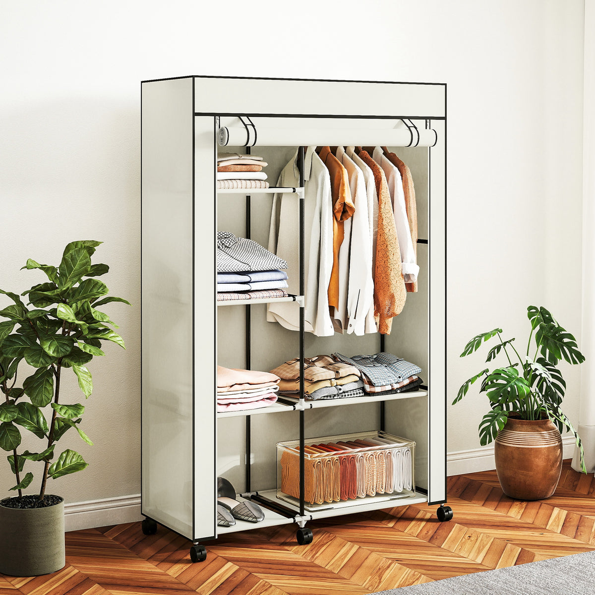 Schrank aus Stoff, Aufbewahrungslösung, 6 Regale, 1 Kleiderstange, Creme