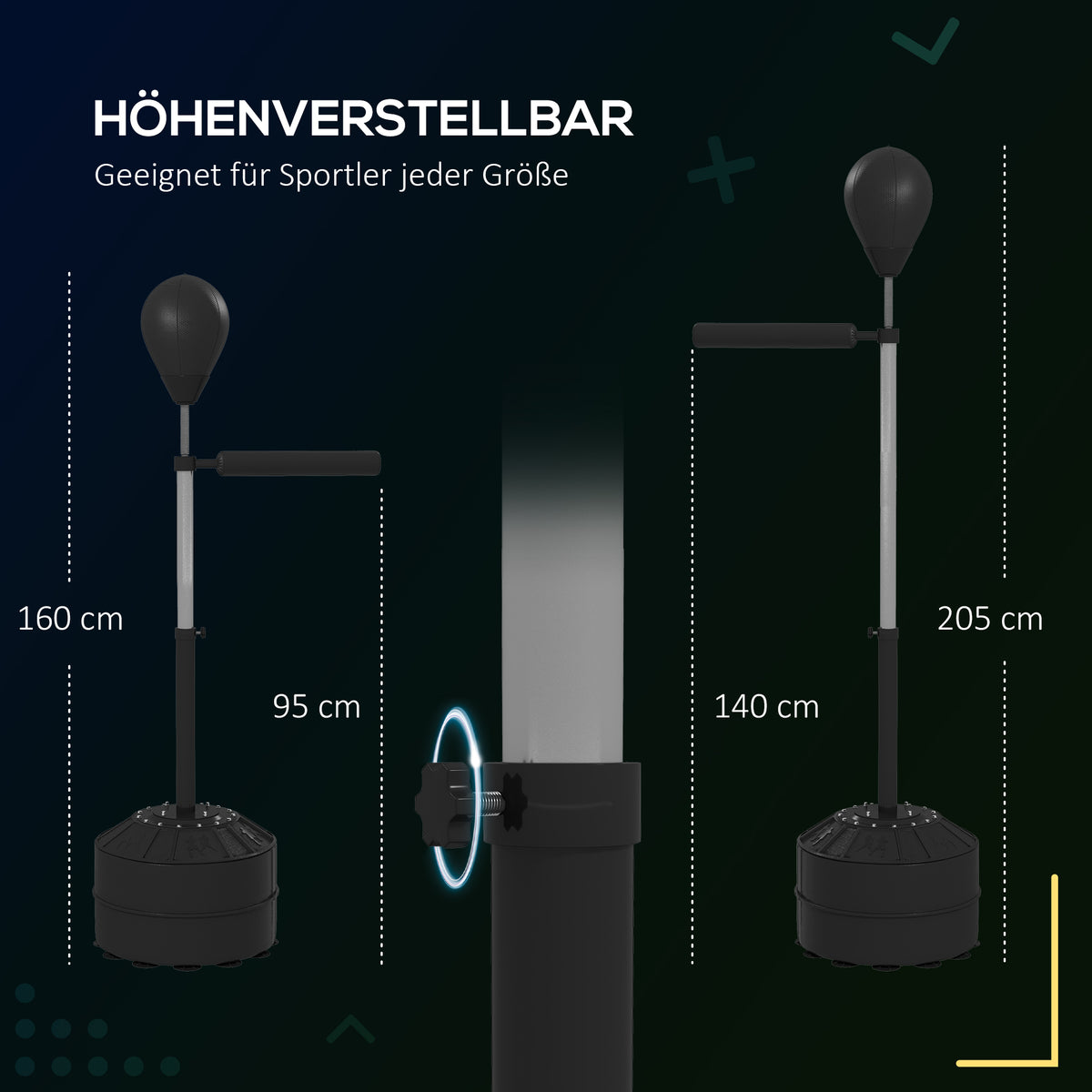 Punchingball mit Reflexstange, höhenverstellbar 160-205 cm, befüllbare Basis, inkl. Luftpumpe, Schwarz