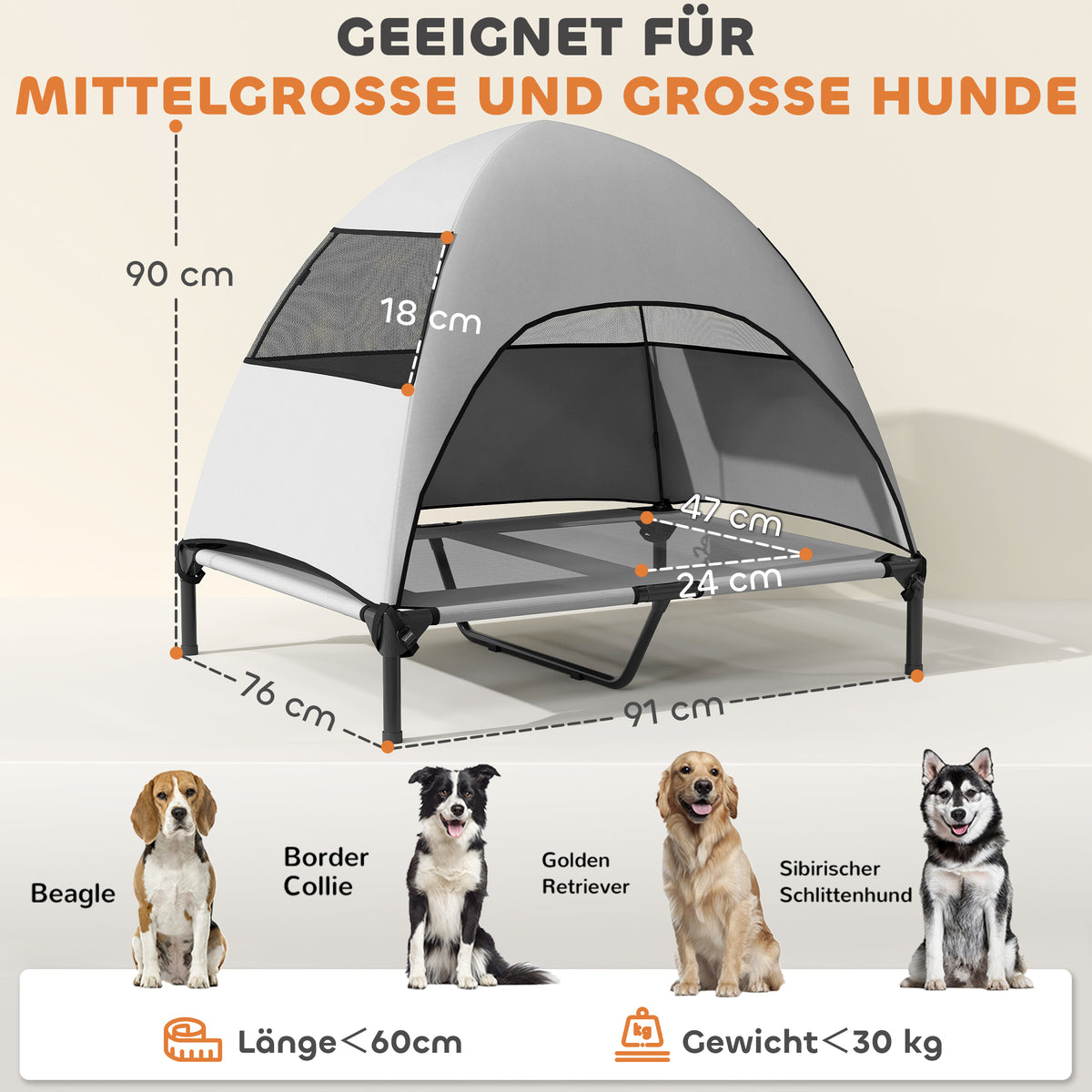 Hundeliege Outdoor mit Dach, Erh?htes Hundebett f¨¹r Gro?e Hunde, 91 x 76 x 90 cm, Hellgrau