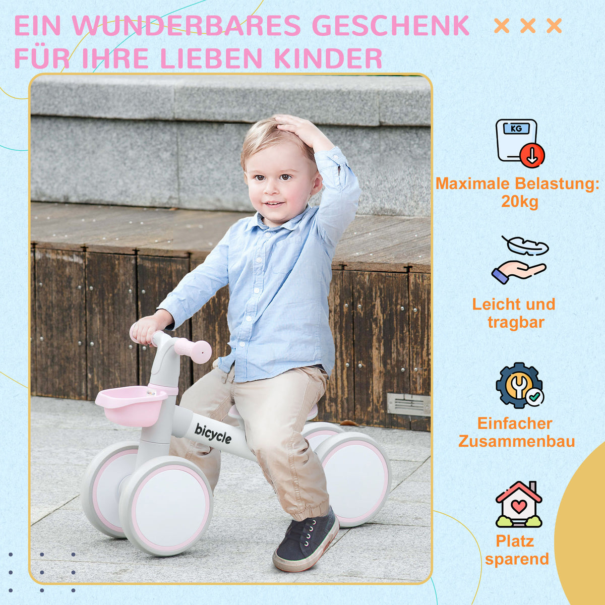 Kids Balance Bike for 1-3 Years Old with Adjustable Seat, Silent Wheels, Pink