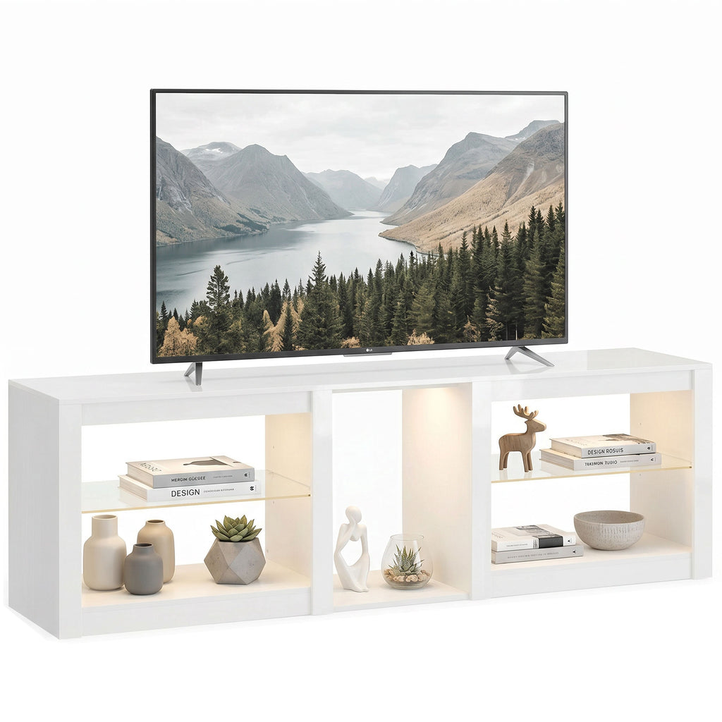 TV-Lowboard mit RGB-LED-Beleuchtung, Modernes TV-Möbel mit verstellbaren Glasböden, für Fernseher bis 75 Zoll, Weiß