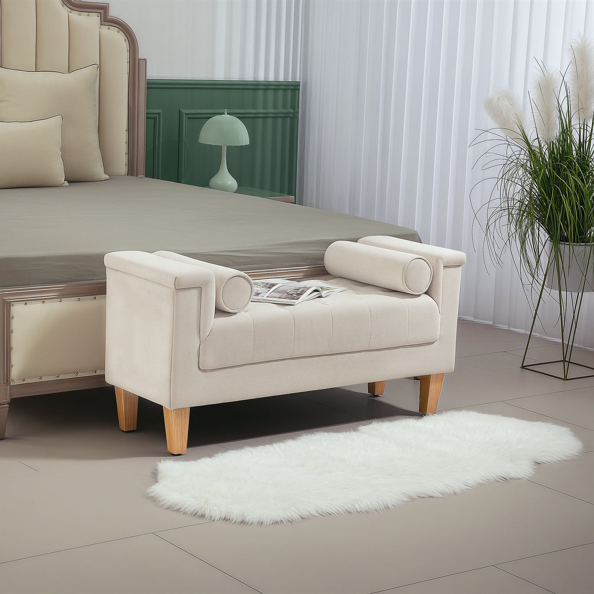 Polsterbank, Vintage-Design, 2 Kissen, Chenillebezug, 115 x 44 x 58 cm, Beige