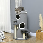 Barrel Shaped Cat Tree with Sisal Scratching Posts, Cat Bed, Platforms, Hanging Ball, Grey, Grey