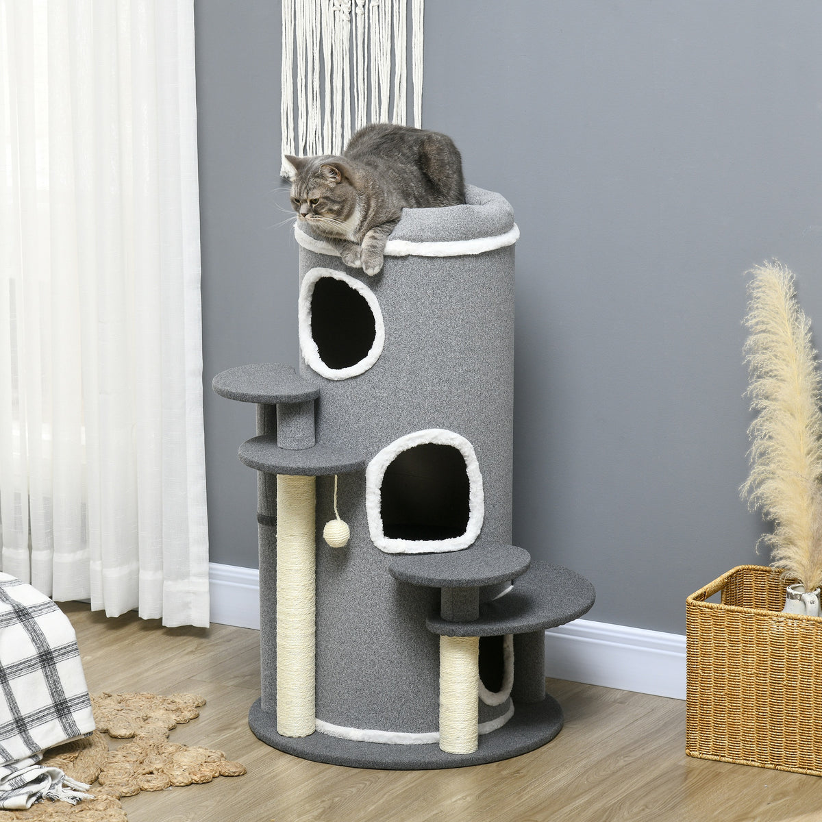 Barrel Shaped Cat Tree with Sisal Scratching Posts, Cat Bed, Platforms, Hanging Ball, Grey, Grey