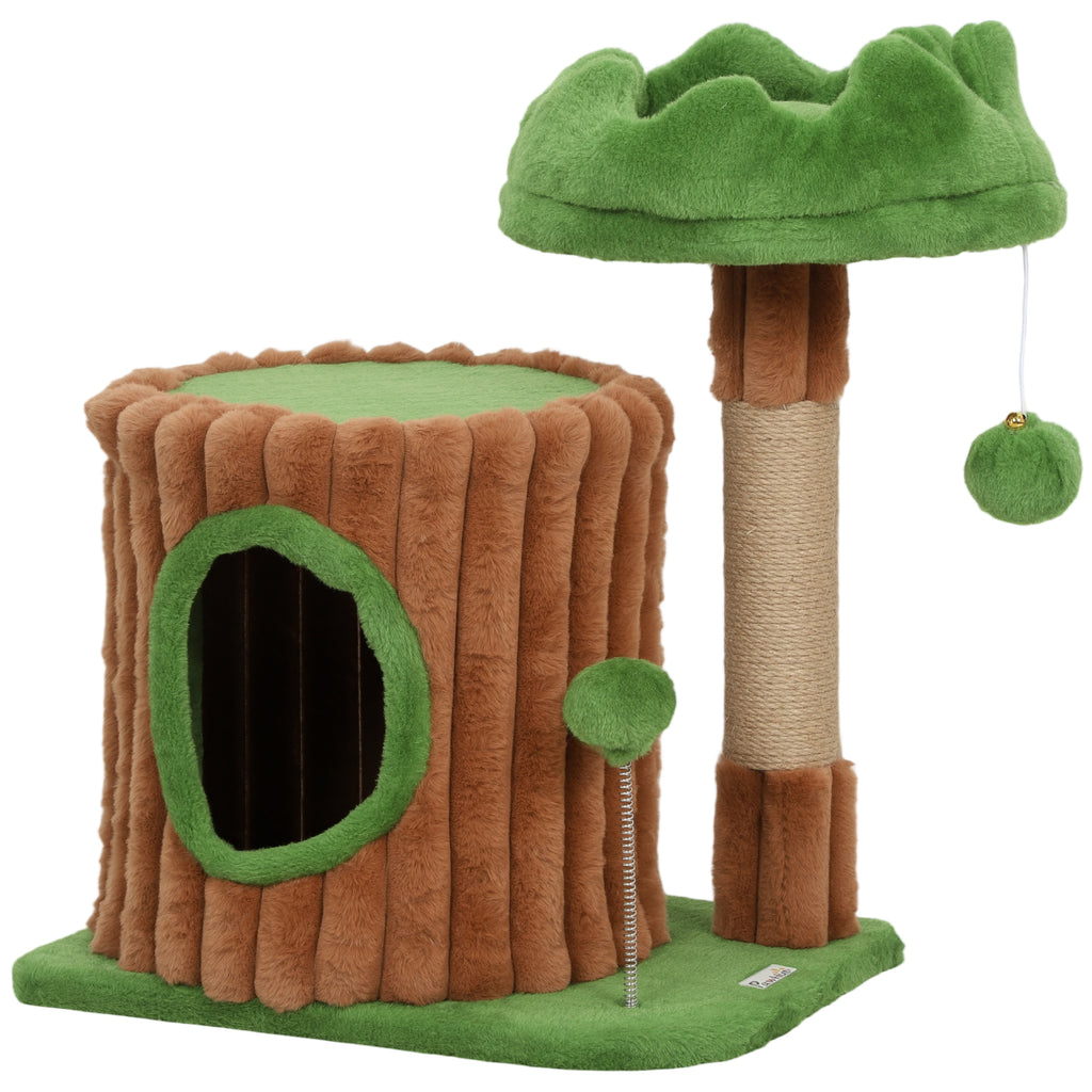 Kratzbaum 53 cm hoch Katzenbaum mit Höhle, Baumstamm-Design, Jutestämme, 2 Bälle für 1-2 Katzen unter 5 kg, Braun+Grün