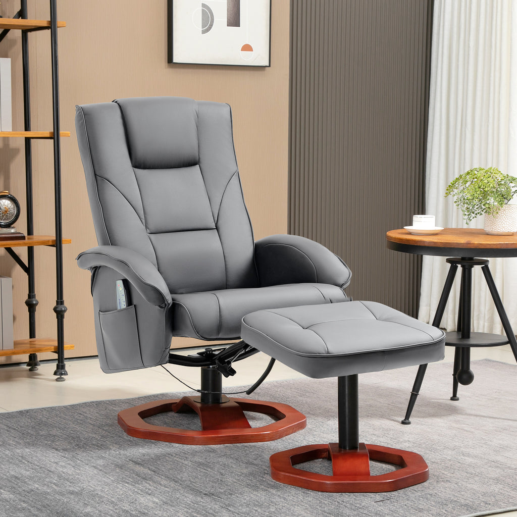 Massagesessel mit Hocker, Liegefunktion, Fernbedienung, drehbar, Lederoptik, bis 150 kg, Dunkelgrau