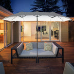 Doppelsonnenschirm mit Solar LED 450 x 265 cm, Sonnenschirm mit Handkurbel, oval Balkonschirm Strandschirm windfest stabil Marktschirm Kurbelschirm für Balkon Terrasse Garten, Cremeweiß