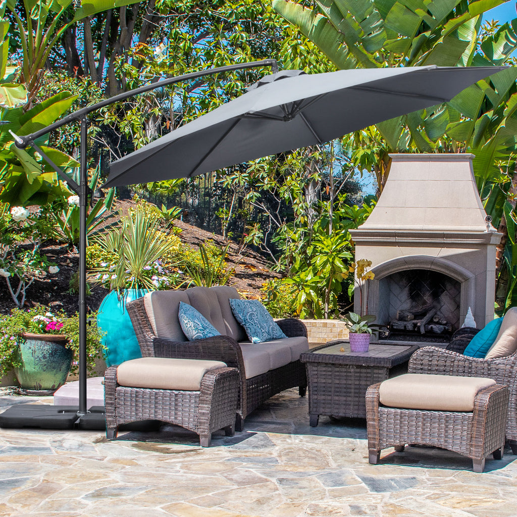 3(m) Garden Parasol Sun Shade Banana Umbrella Cantilever with Crank Handle, Cross Base Dark Grey