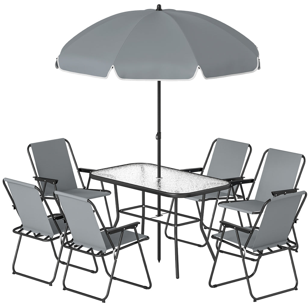 8 Piece Garden Dining Set with Umbrella, Garden Furniture Set with 6 Folding Chairs, Tempered Glass Table for Patio Grey
