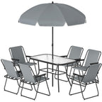 8 Piece Garden Dining Set with Umbrella, Garden Furniture Set with 6 Folding Chairs, Tempered Glass Table for Patio Grey