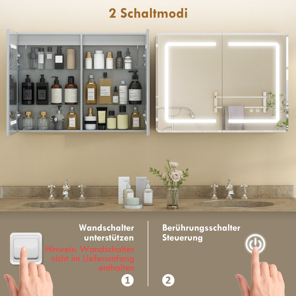 Mirrored Bathroom Cabinet with LED Lights, 60 x 80 cm Bathroom Mirror Cabinet with Anti-Fog, 3 Colour Dimmable Lighting