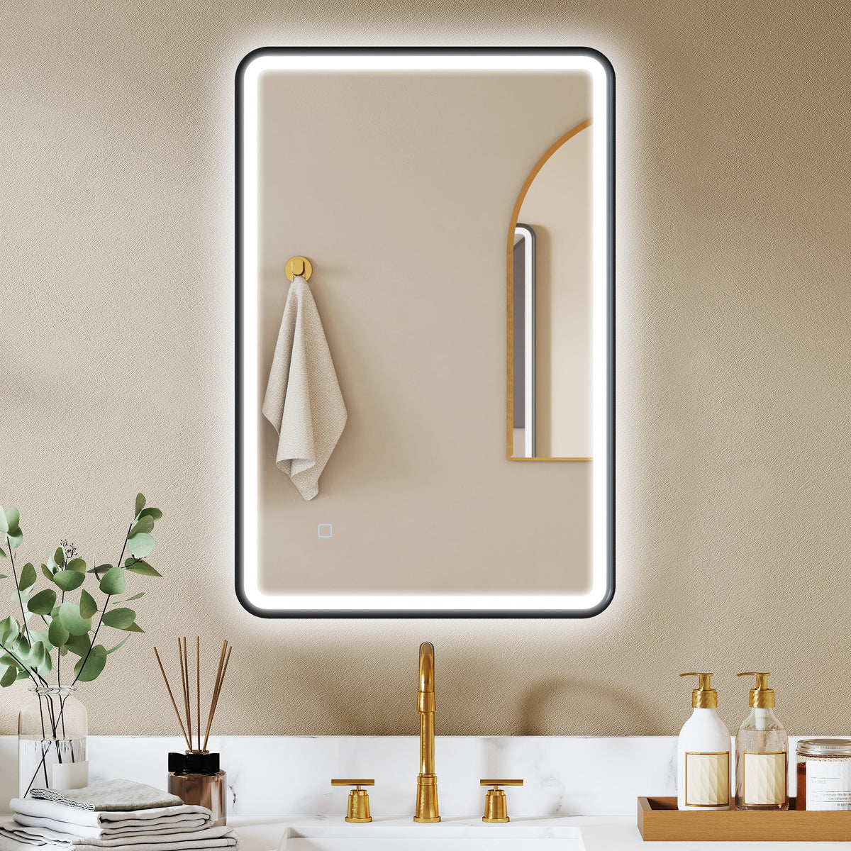 90 x 60 cm LED-Badezimmerspiegel, Lichter, 3 Farben, dimmbar, Memory-Funktion, horizontal und vertikal, Schwarz