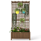 Raised Bed with Drainage Holes, Wood Planter with Trellis for Climbing Plants to Grow Vegetables, Flowers, Brown