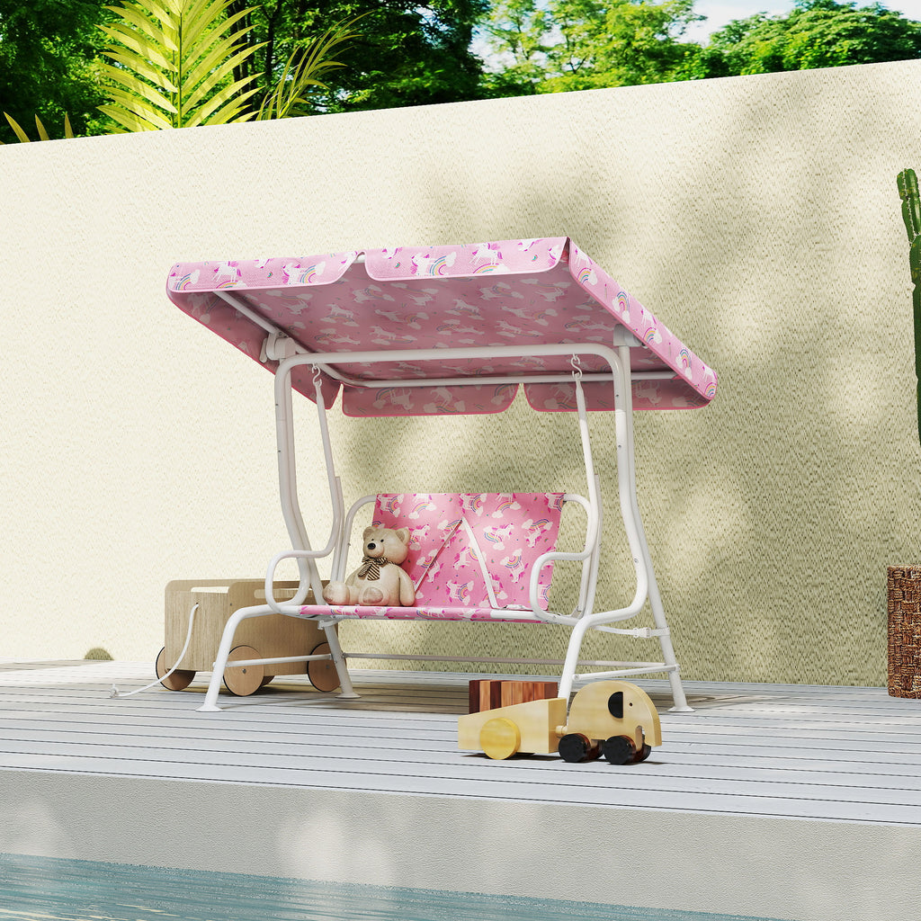 Kids Porch Swing, 2-Seater Patio Swing Bench Hammock with Seat Belts, Adjustable Canopy for Garden, Pink