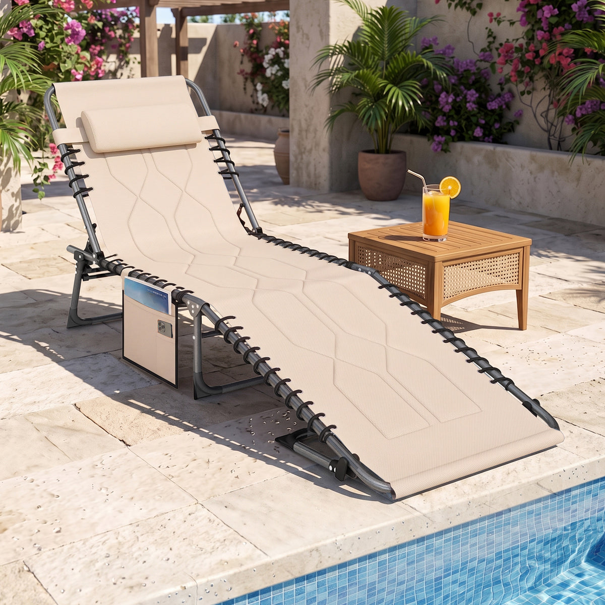 Sonnenliege, Faltbare Gartenliege, Klappliege mit Kissen, 5-stufige R¨¹ckenlehne, Oxfordstoff, 188 x 57 x 30 cm, Beige