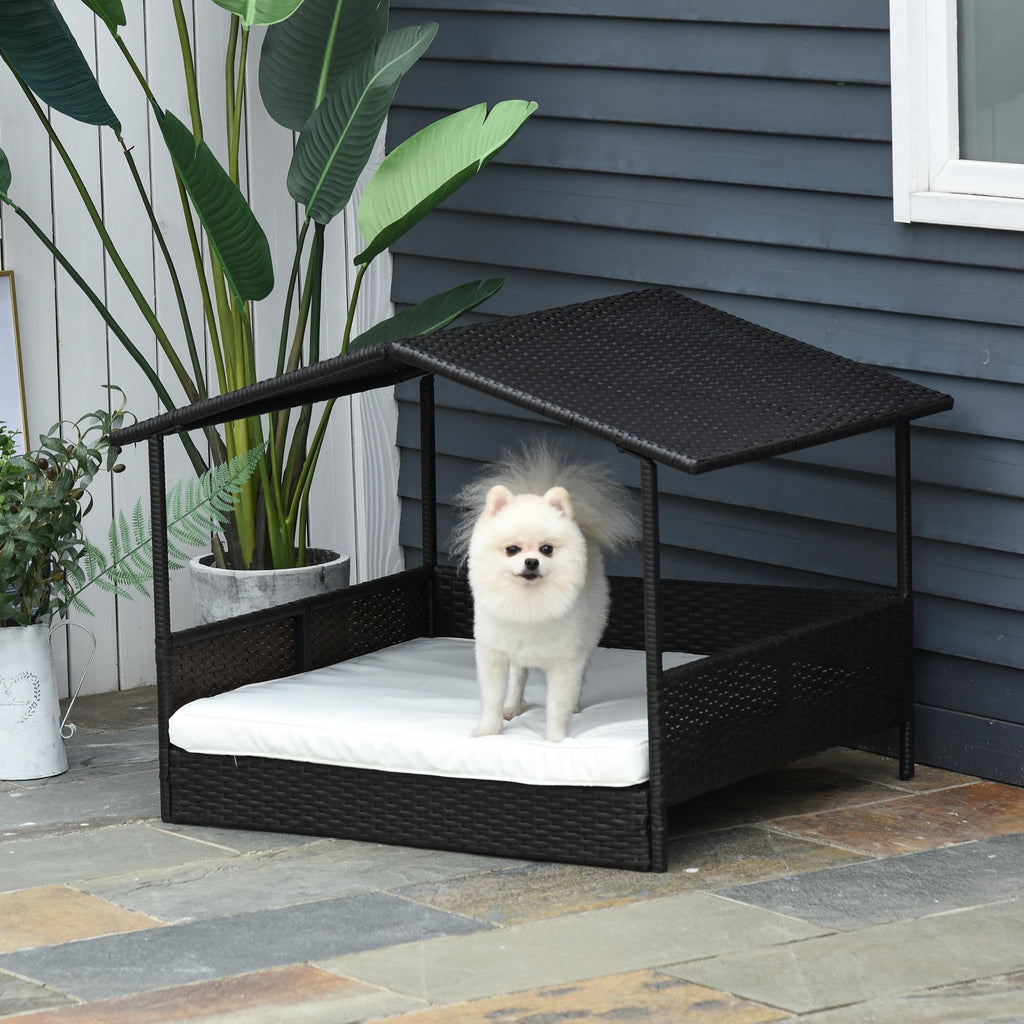 Wicker Dog Bed, Elevated Rattan Dog House with Removable Cushion and Canopy, for Small and Medium Dogs, 98 x 69 x 70cm - Cream