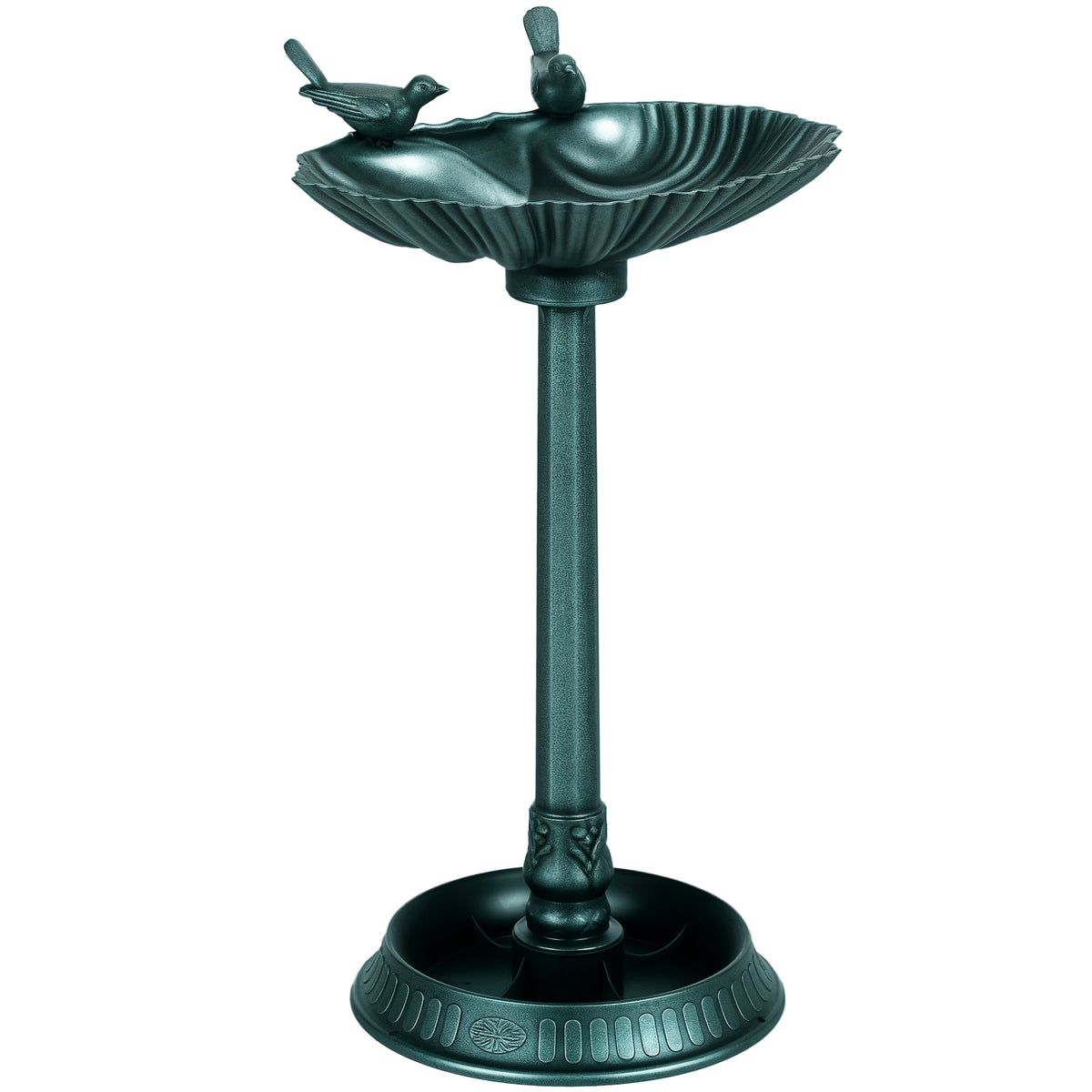 Vogeltr?nke, Vogelbad mit Statuen, 2 Becken, Kunststoff, antiker Look, 49,5L x 38B x 81H cm, Dunkelgr¨¹n