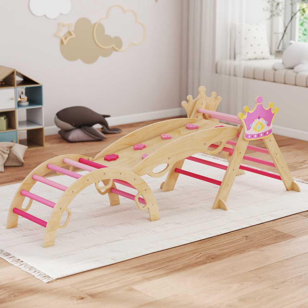 8-in-1 Indoor-Kletterger¨¹st f¨¹r Kinder, Prinzessinnen-Design, Rutsche, Rampe, Bogen, Holz