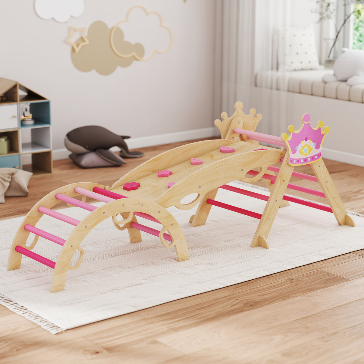 8-in-1 Indoor-Kletterger¨¹st f¨¹r Kinder, Prinzessinnen-Design, Rutsche, Rampe, Bogen, Holz