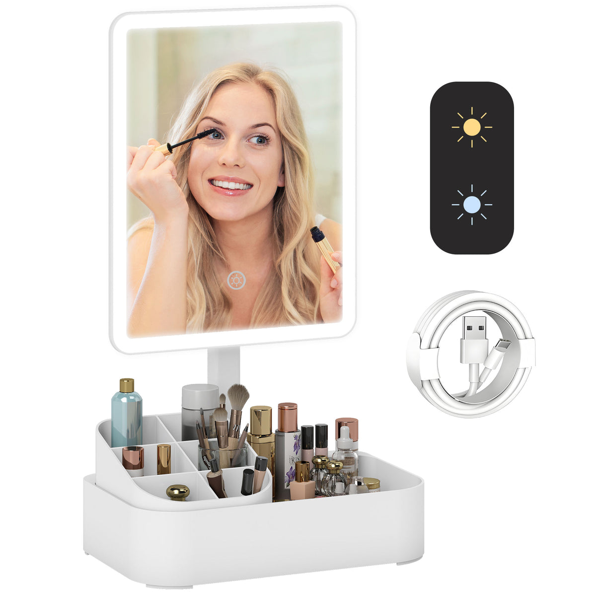 Makeup Mirror with Lights, Rechargeable Vanity Mirror w/ Touch Screen, 2 Lighting Modes and 180° Rotation, White