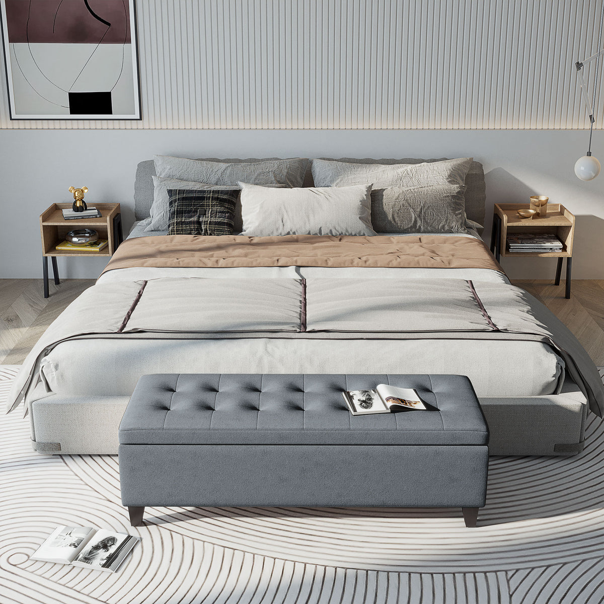 Sitzbank mit Stauraum, Ottomane, Flurbank, Knopfheftung,125,1 cm x 48,9 cm x 41,3 cm, Grau