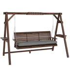 3 Seater Garden Swing Seat, Wooden Swing Chair Bench with Cushion, Side Trays and Metal Chains, for Outdoor Porch Patio, Carbonised Brown