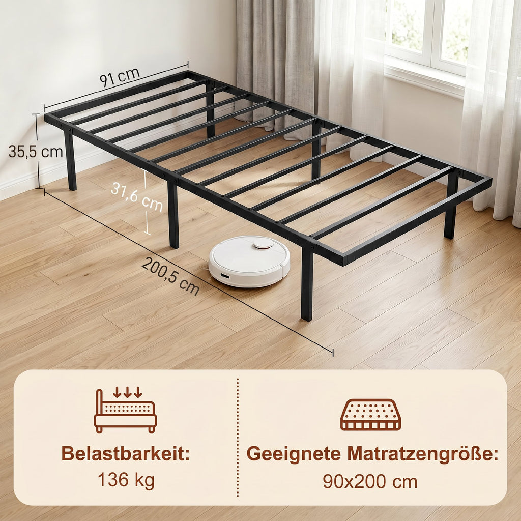 Bettgestell, 90 x 200 cm Metallbett mit Stauraum unter dem Bett, Metallgestell mit Lattenrost, kein Boxspring nötig