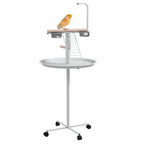 Bird Stand with Four Wheels, Perches, Stainless Steel Feed Bowls, Round Tray, for Garden, Indoor, Outdoor - White