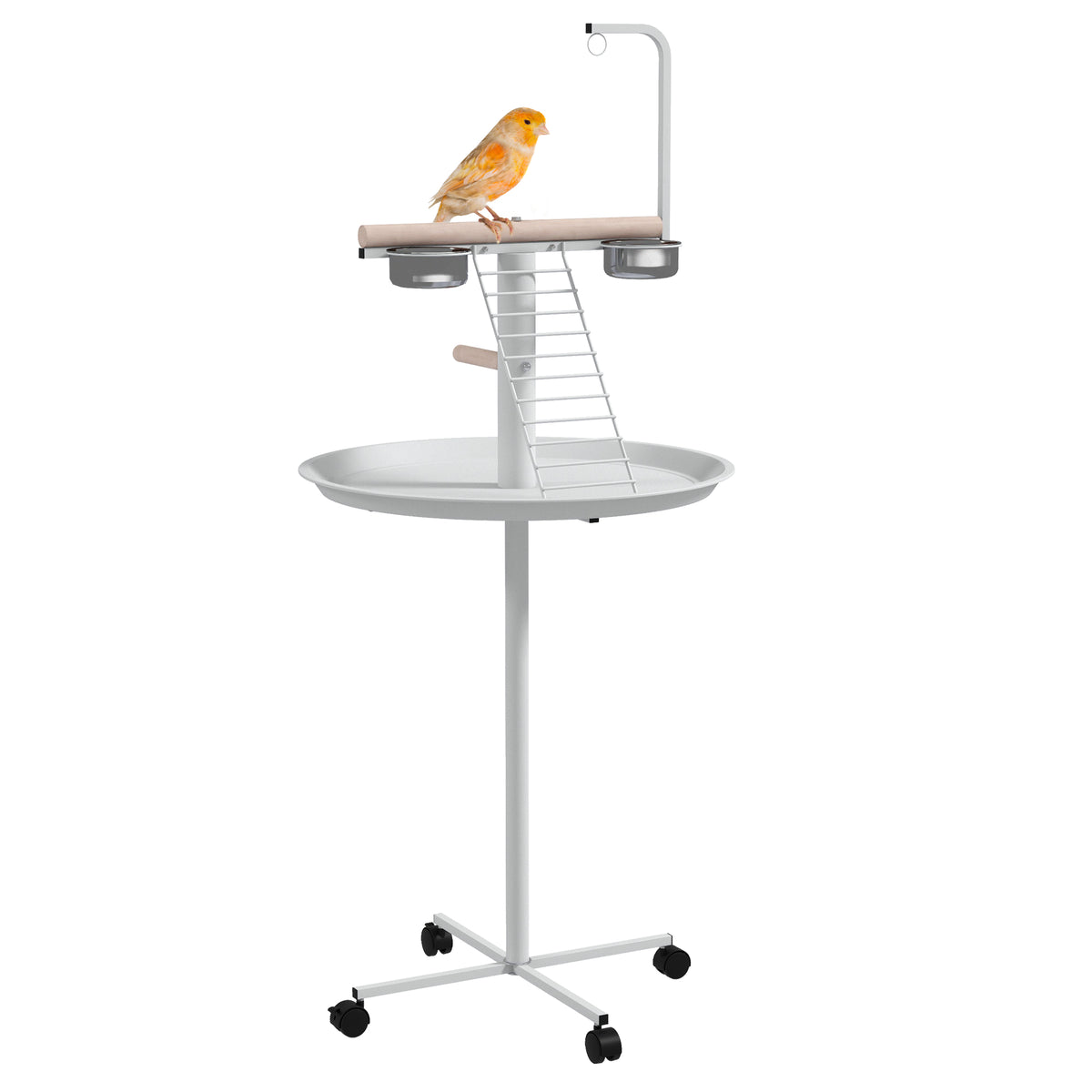 Bird Stand with Four Wheels, Perches, Stainless Steel Feed Bowls, Round Tray, for Garden, Indoor, Outdoor - White