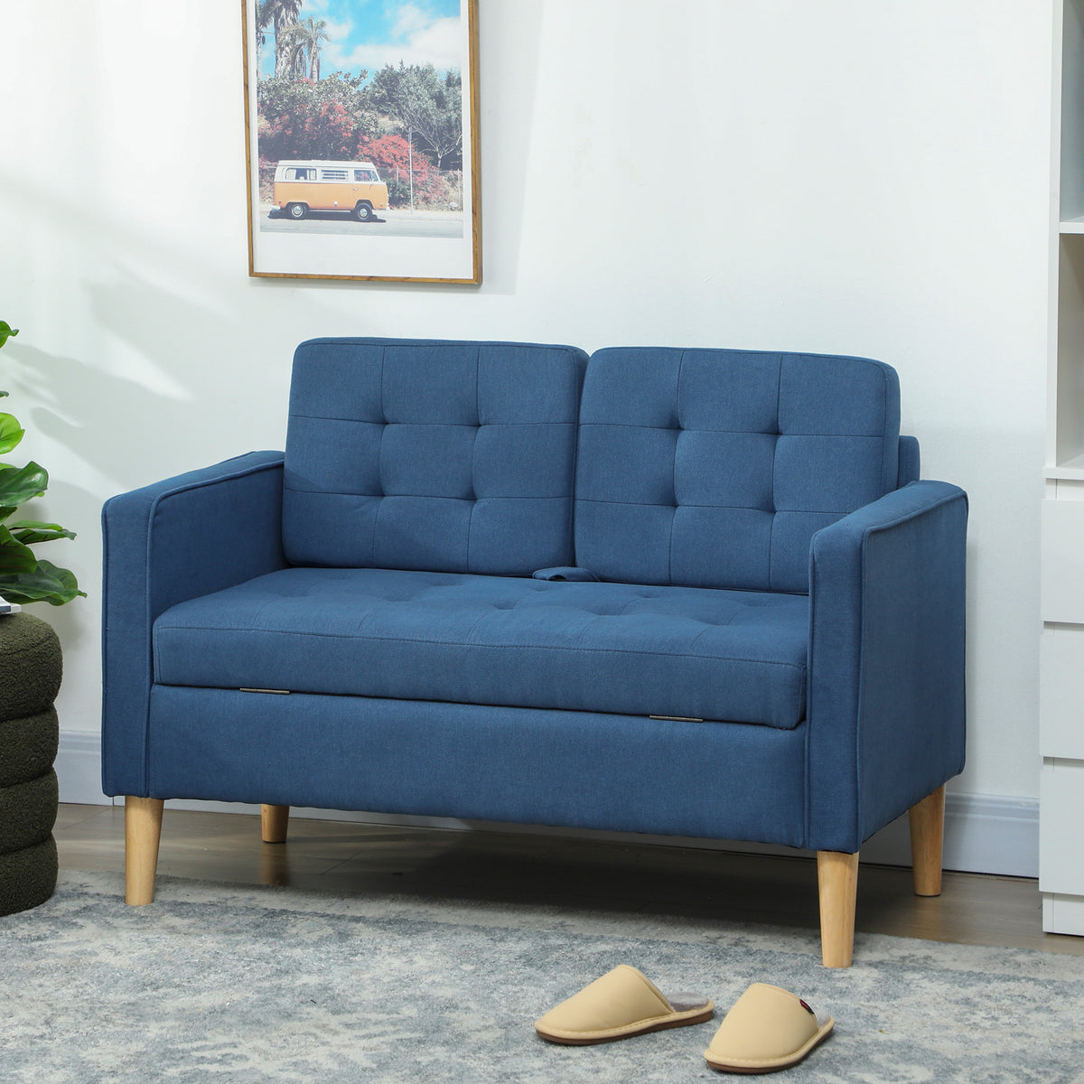 Zweisitzer-Sofa mit Stauraum, Knopfheftung, Kissen, Kautschukbaumholz, 117x62x78cm, Blau