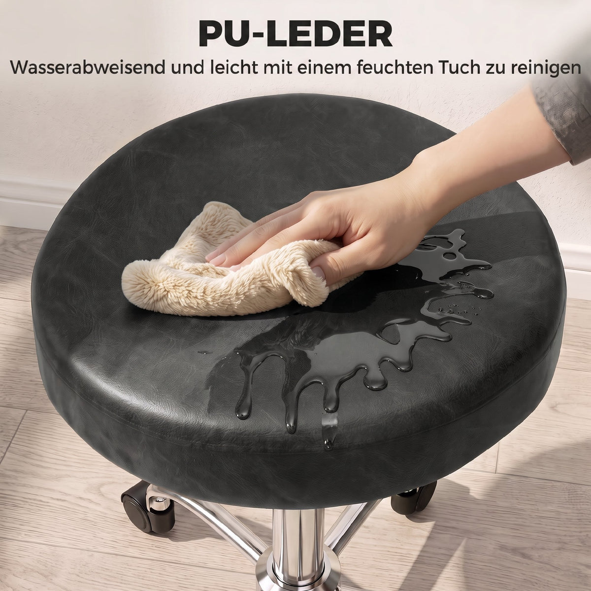 Rollhocker aus PU-Leder, höhenverstellbarer Salonhocker mit gepolsterter Sitzfläche, drehbarer Beautyhocker auf Rollen