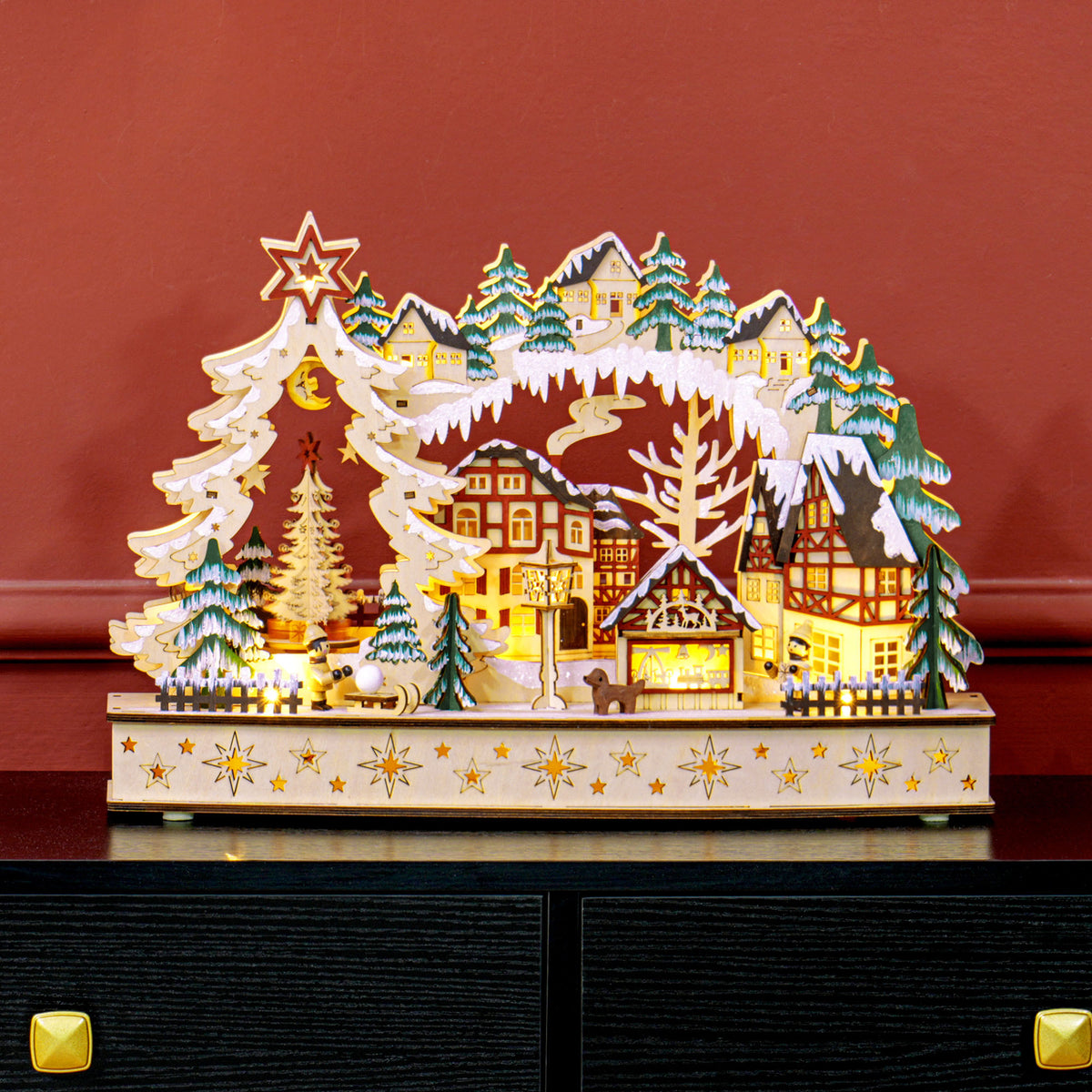 Weihnachtsdorf im Winterwunderland, 20 LED-Lichter, mehrschichtig, Naturholz, 45 x 12 x 30 cm