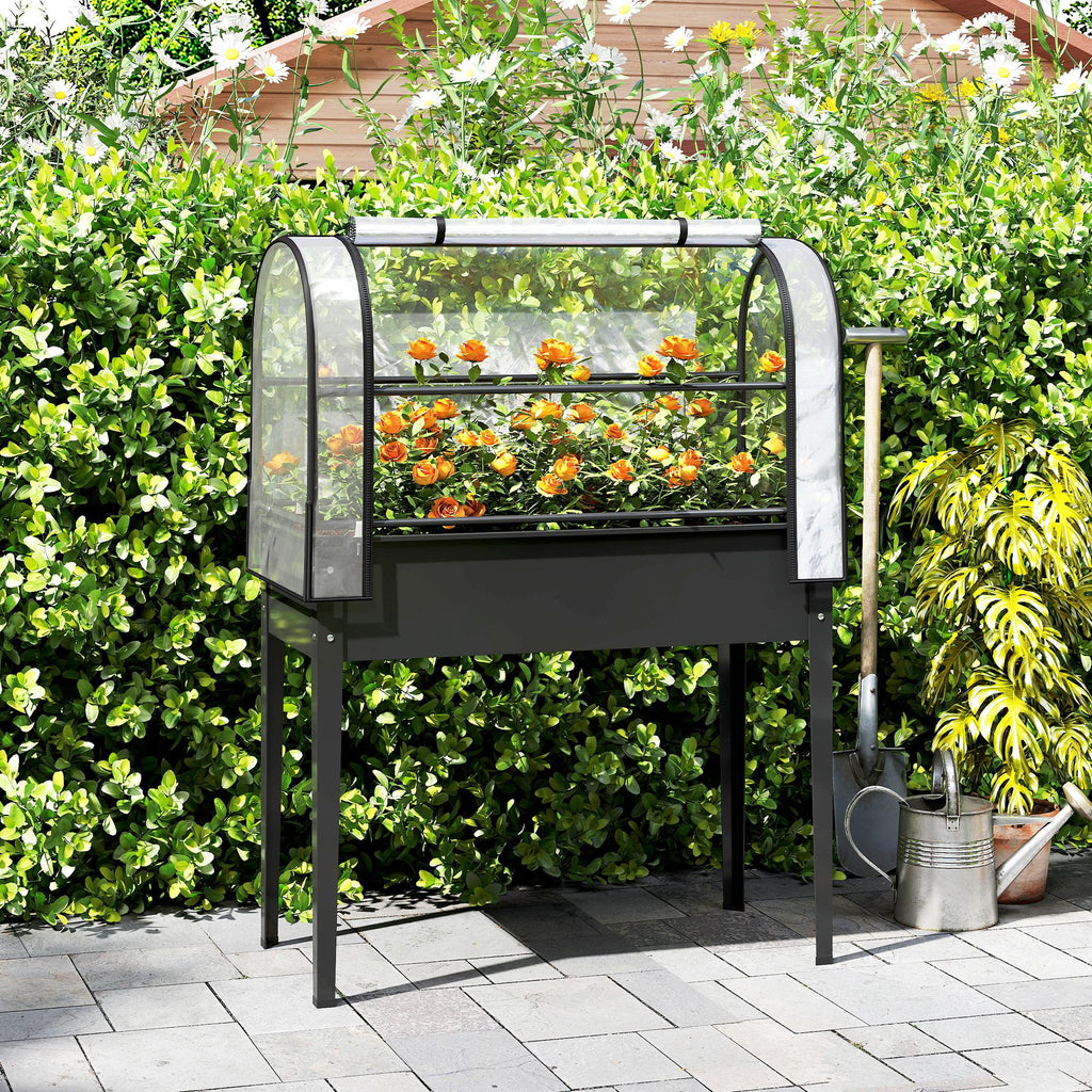 Raised Planter with Flip-Up Greenhouse Cover, Metal Raised Garden Bed on Legs with Drainage Hole, Black