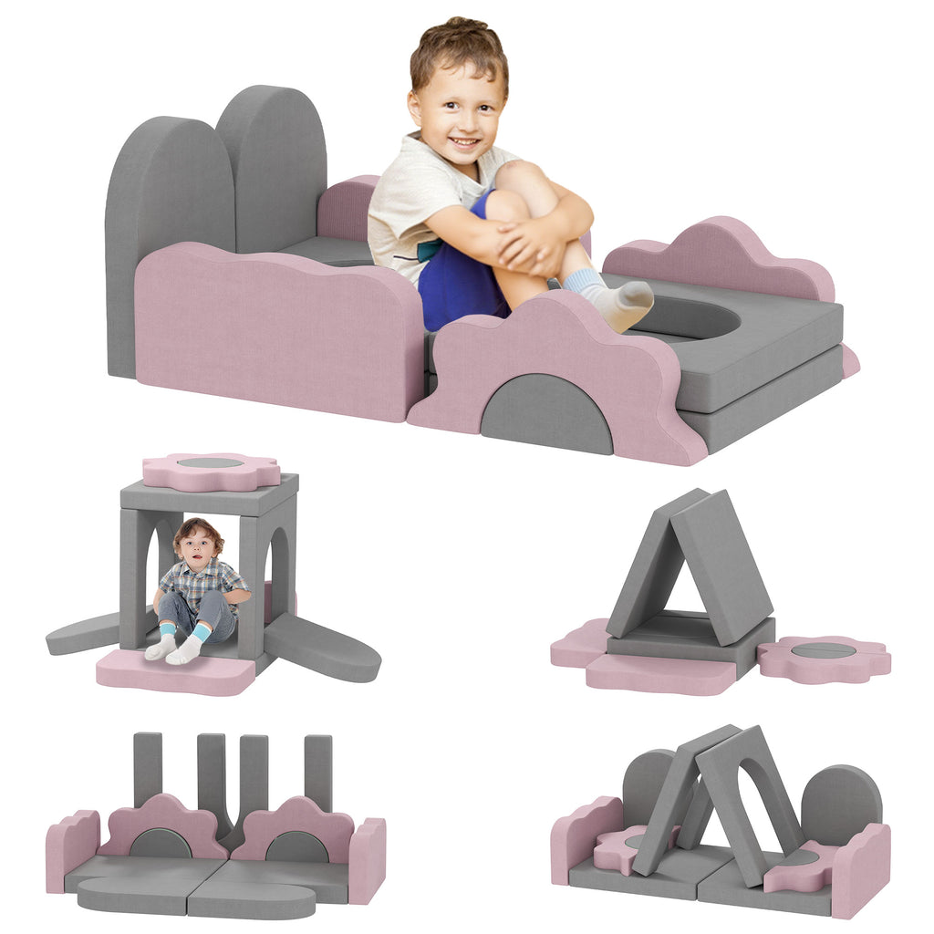12-teiliges Set Schaumstoffbl?cke zum Klettern, Bauen, Krabbeln, Indoor-Spielmatten mit Cordbezug, Grau+Rosa