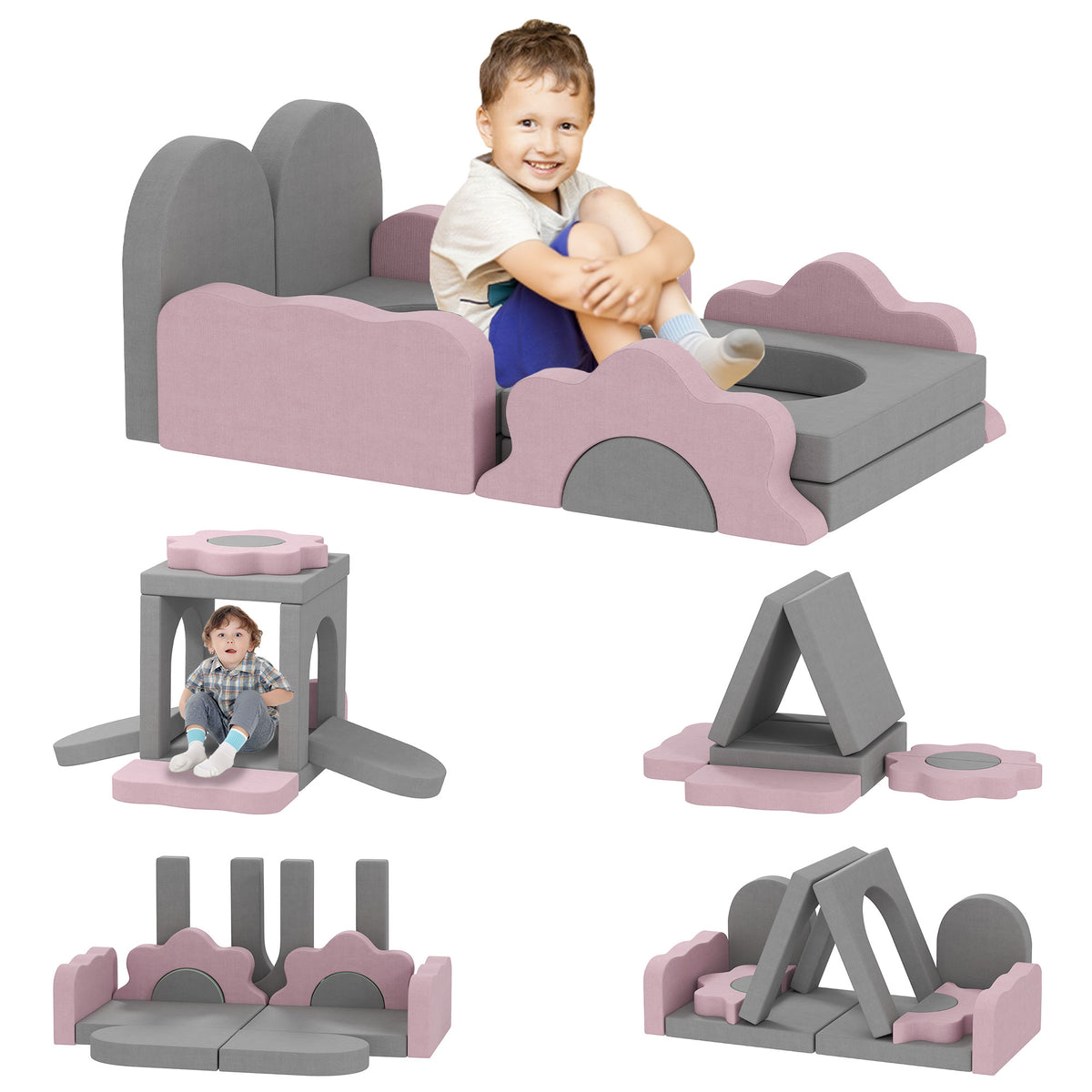 12-teiliges Set Schaumstoffbl?cke zum Klettern, Bauen, Krabbeln, Indoor-Spielmatten mit Cordbezug, Grau+Rosa