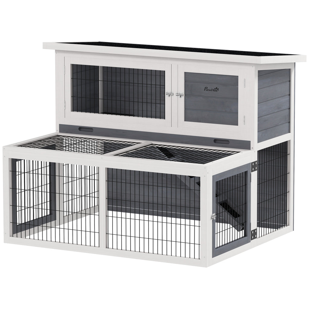 Hasenstall 2 Ebenen mit klappbar Dach Kaninchenstall aus Vollholz Winterfest Doppelstockhaus 122x95x93,5 cm Grau