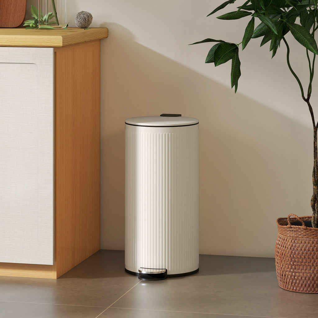 Kitchen Bin, 30 Litre Pedal Rubbish Bin with Removable Bucket, Cream