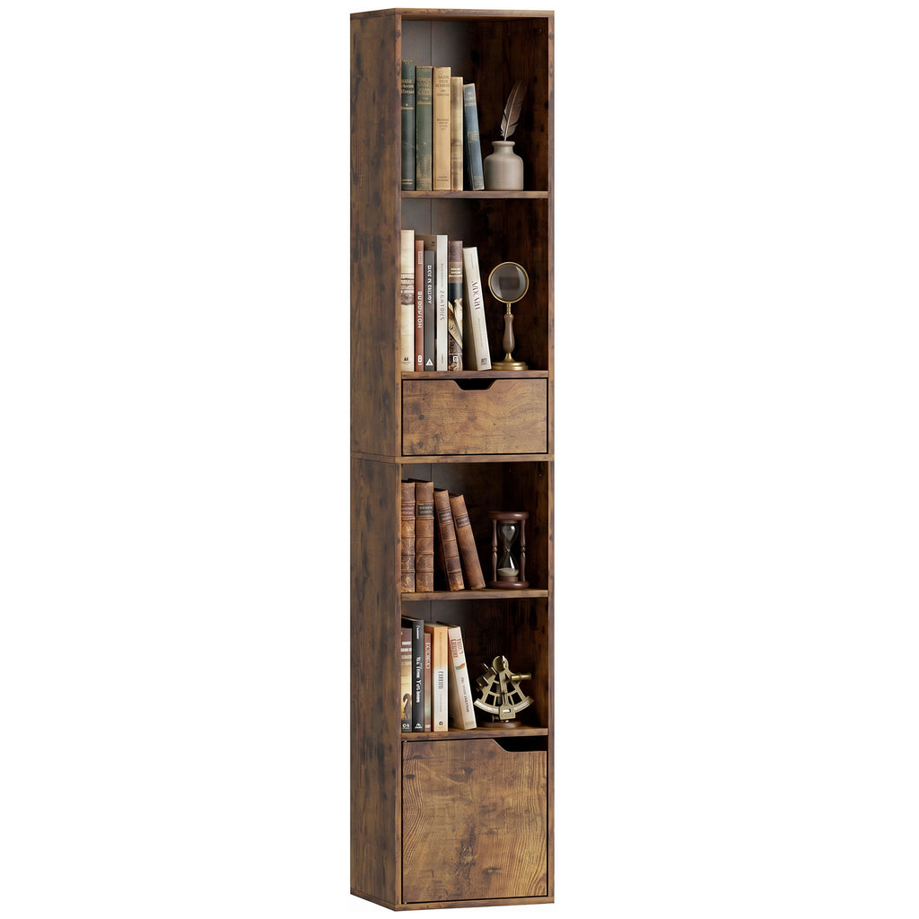 Bücherregal mit 6 Ebenen, 3-stufig verstellbar, mit Schublade, Schranktür, anpassbares Regal, Ausstellungsregal, Braun
