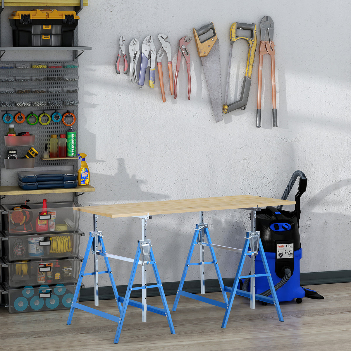 2er Set Arbeitsbock Belastbarkeit bis 200 kg klappbar Sägebock höhenverstellbar 80-130 cm Gerüstbock aus Stahl Unterstellbock Klappbock Stützbock Blau