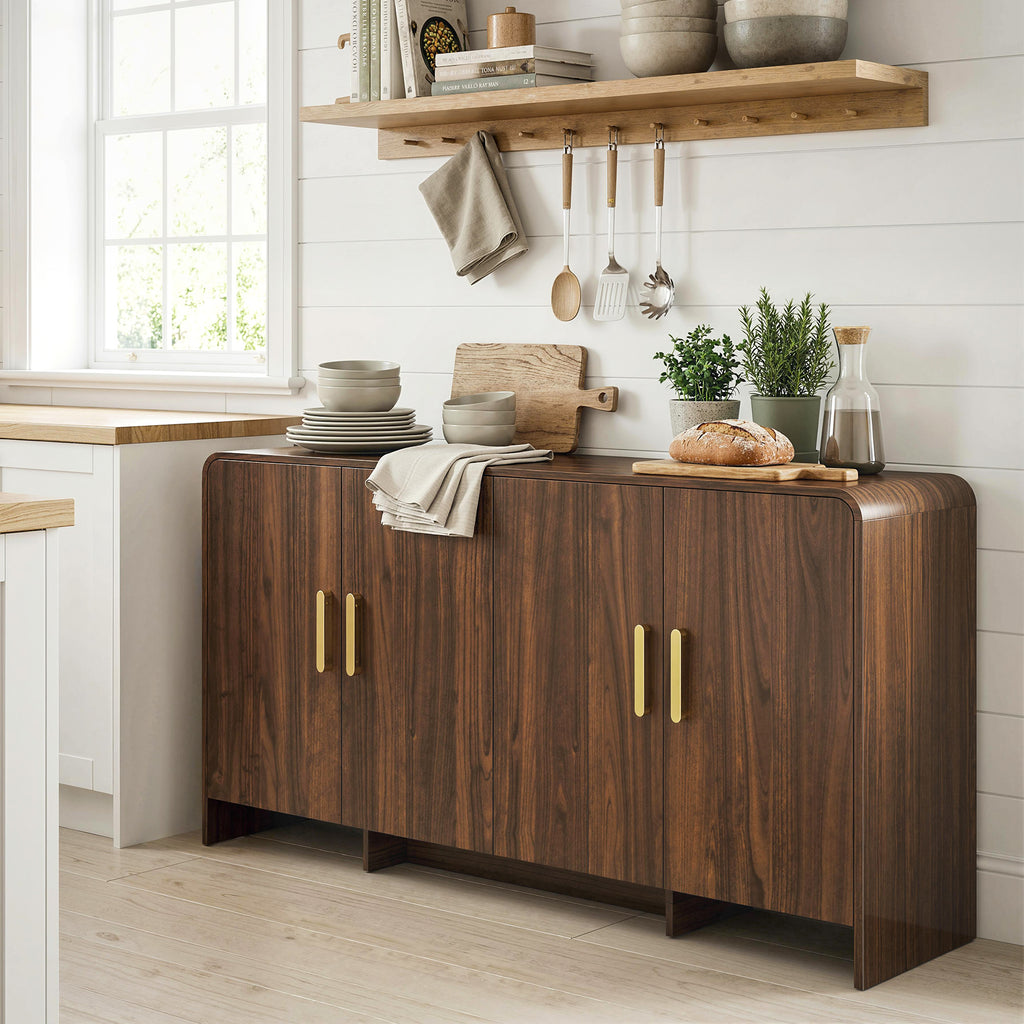 152 cm Sideboard Küchenschrank mit 4 Soft-Close-Türen, TV-Schrank für Wohnzimmer Küche, Walnussbraun