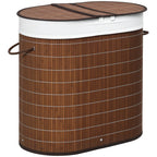 100L Bamboo Laundry Basket with Lid, Washing Basket with 2 Compartments, Handles, Removable Liner, Brown