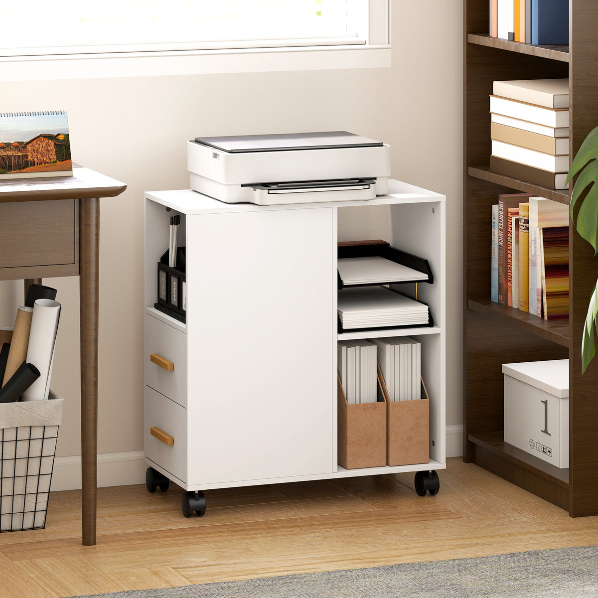 Druckerständer Druckertisch mit Verstellbar Ablage, Rollen für Fax Scanner 60 x 30 x 65 cm Weiß