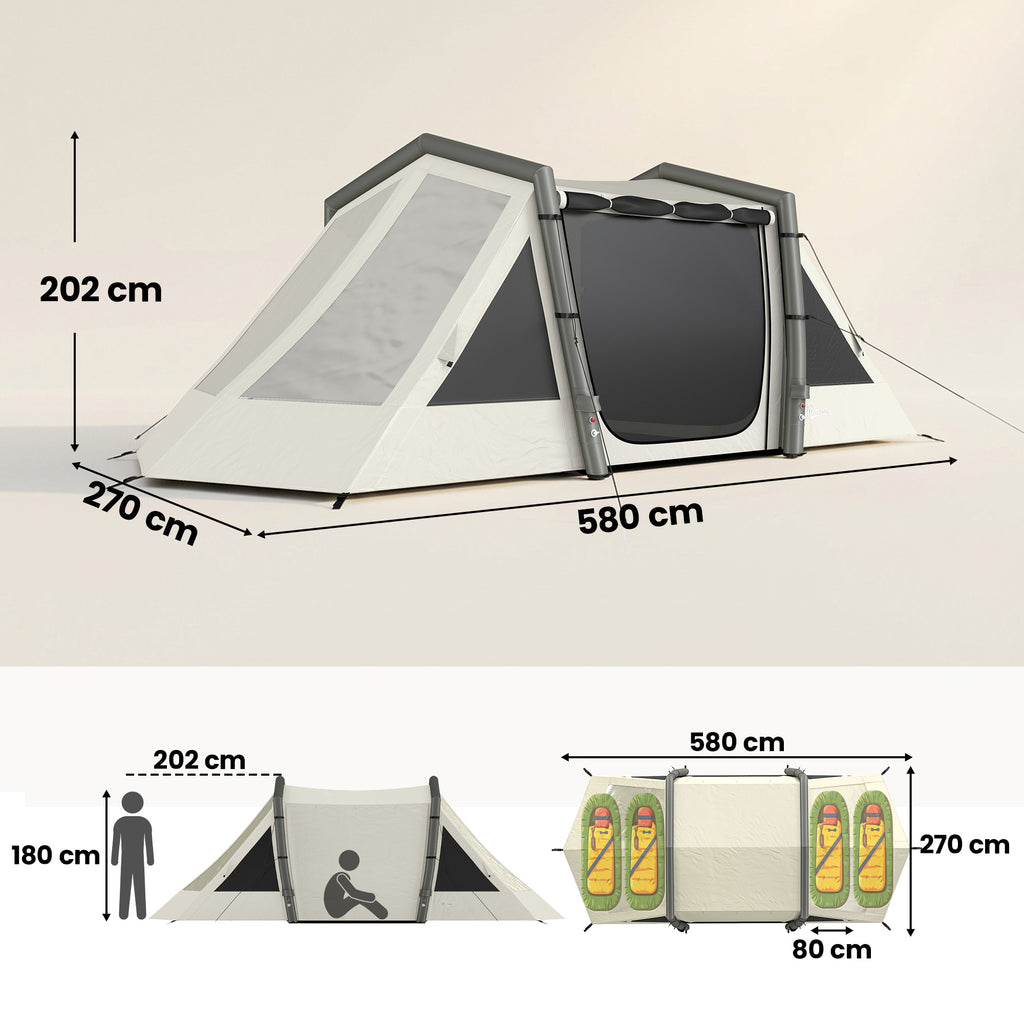 Aufblasbares Zelt 4 Personen Schneller Aufbau Outdoor Zelt für Camping mit 2 Schlafzimmern Vorraum Fenster
