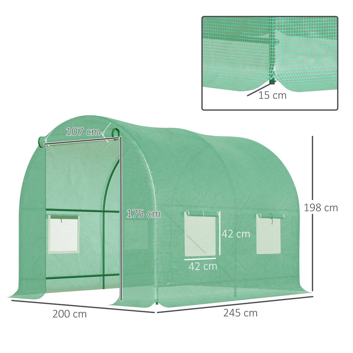 245 x 200cm Polytunnel Greenhouse - Green