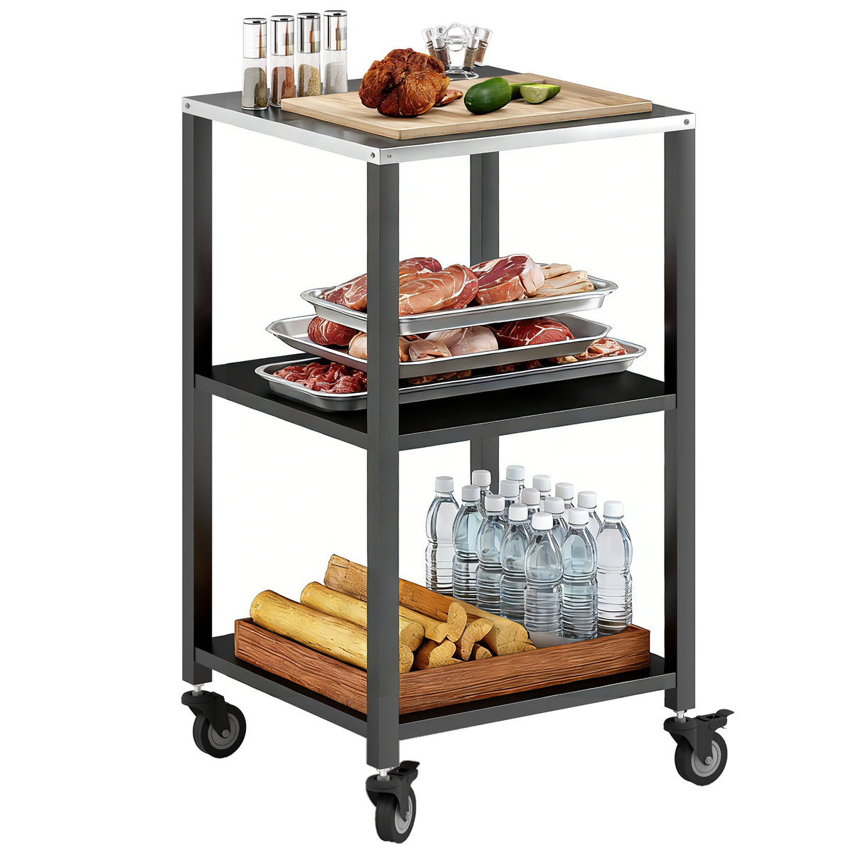 Grillwagen 3-Etagen Grilltisch mit Edelstahl Arbeitsfläche Rollen mobiler Servierwagen 50 x 50 x 90 cm Schwarz