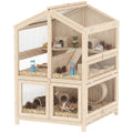 Hamsterkäfig aus Holz 3 Etagen Nagerkäfig Kleintierkäfig mit Hütten Wippen Rampen Wasserschalen 68x61,5x90 cm Naturholz