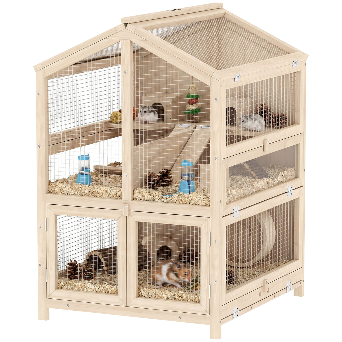 Hamsterkäfig aus Holz 3 Etagen Nagerkäfig Kleintierkäfig mit Hütten Wippen Rampen Wasserschalen 68x61,5x90 cm Naturholz